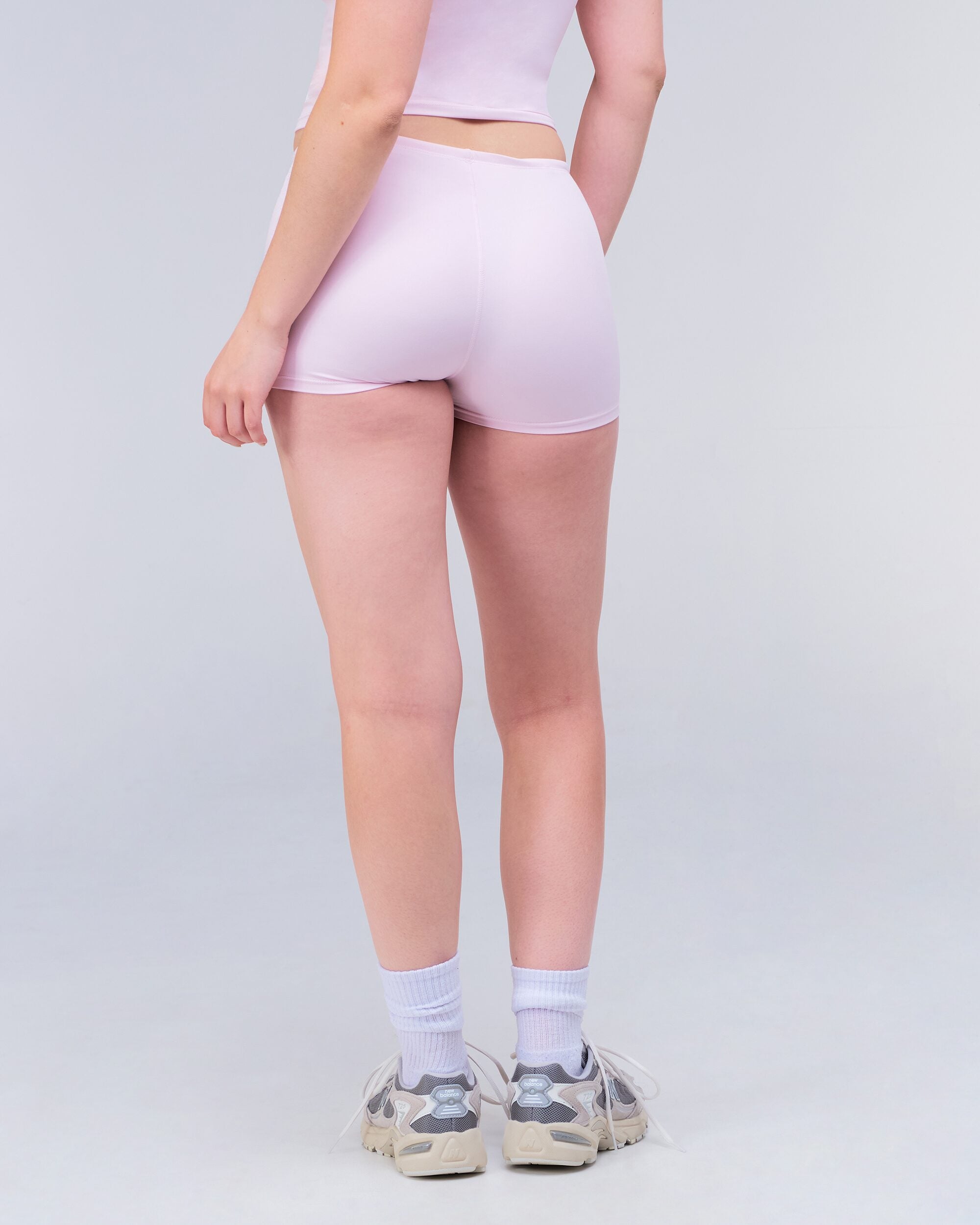 Olive Fitted Low Rise Drawstring Shorts in Baby Pink - back