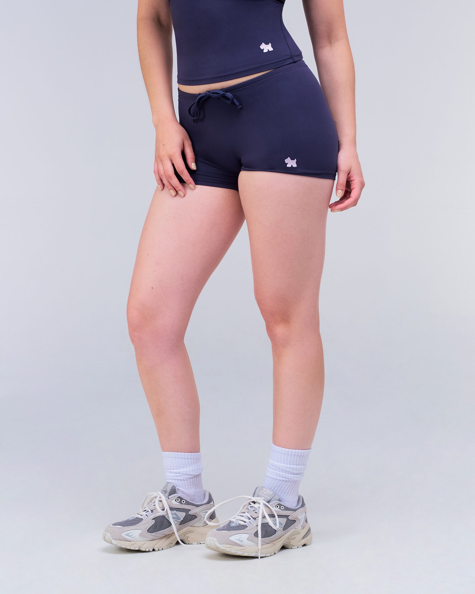 Olive Fitted Low Rise Drawstring Shorts in Navy - side