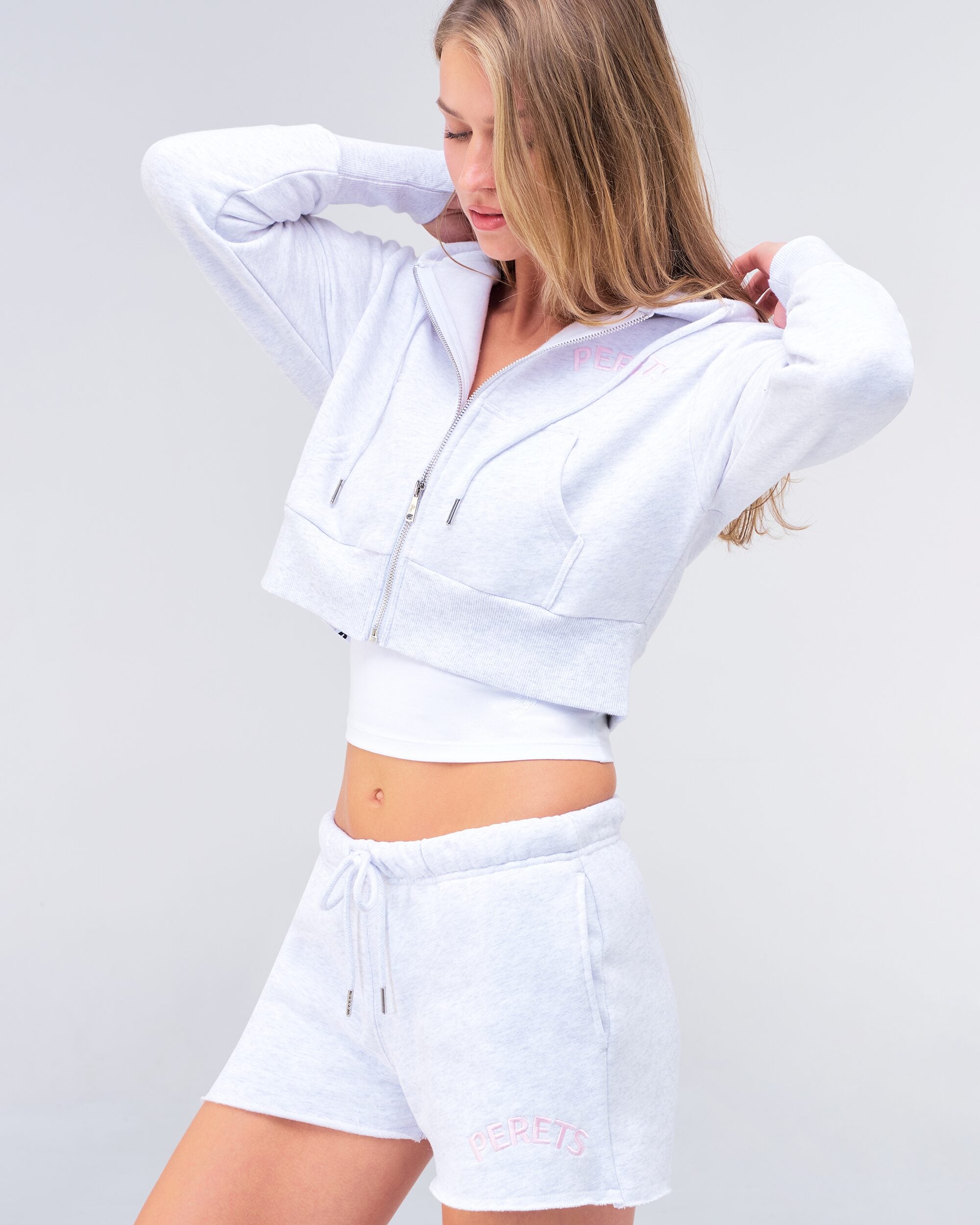Rosalie Low-Rise Loose Fit Shorts in Light Grey Mix - styled look