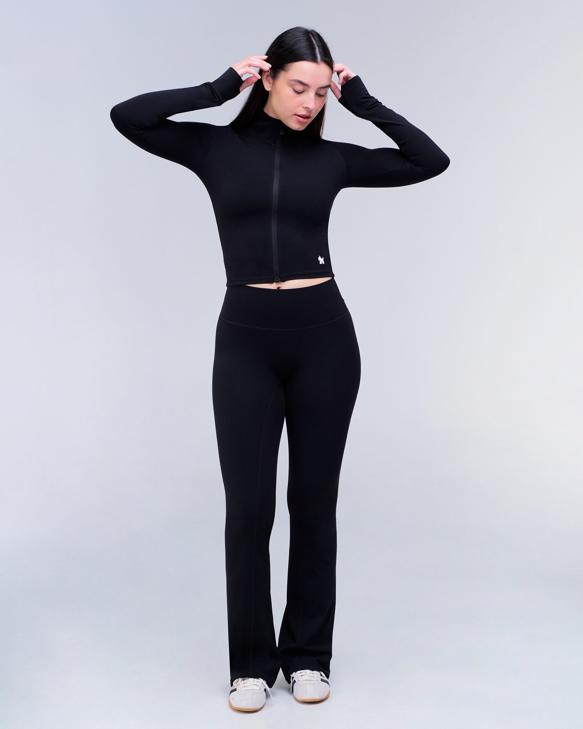 Shay Fitted Mock Neck Zip-Up Long Sleeve Top in Black - full look