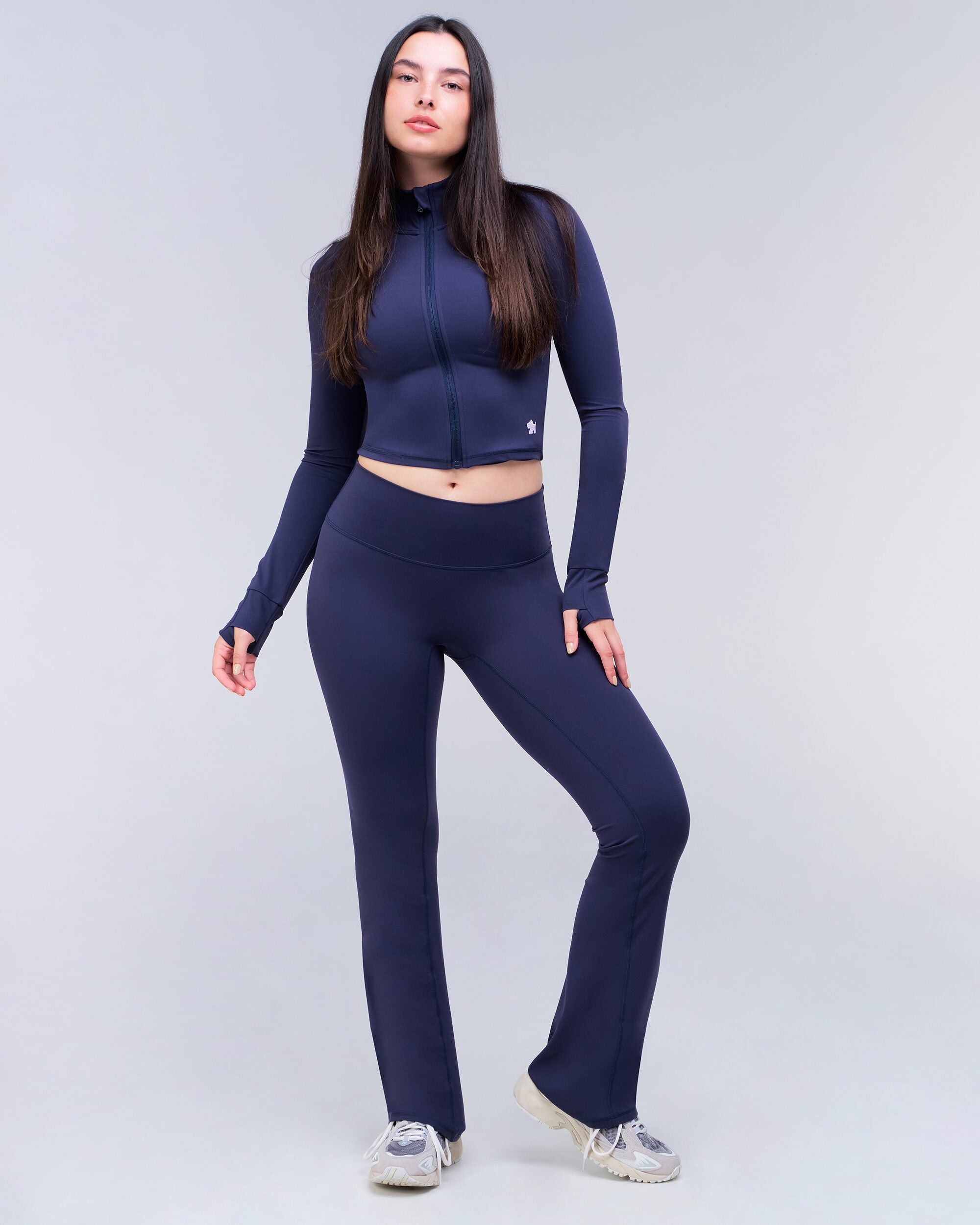Shay Fitted Mock Neck Zip-Up Long Sleeve Top in Navy - full look