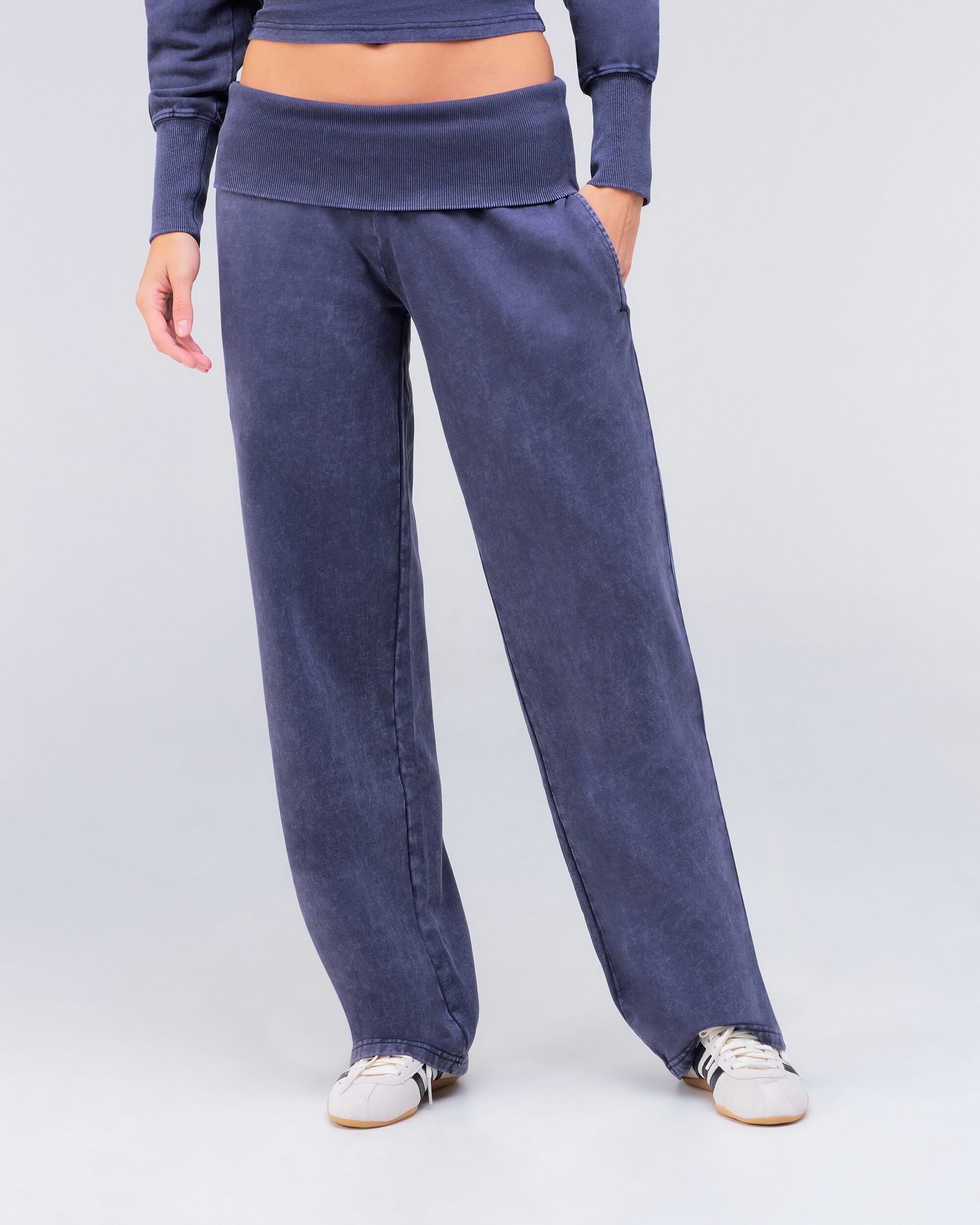 Willow Low-Rise Loose Fit Pants with Fold-over Waistband in Vintage Navy - front