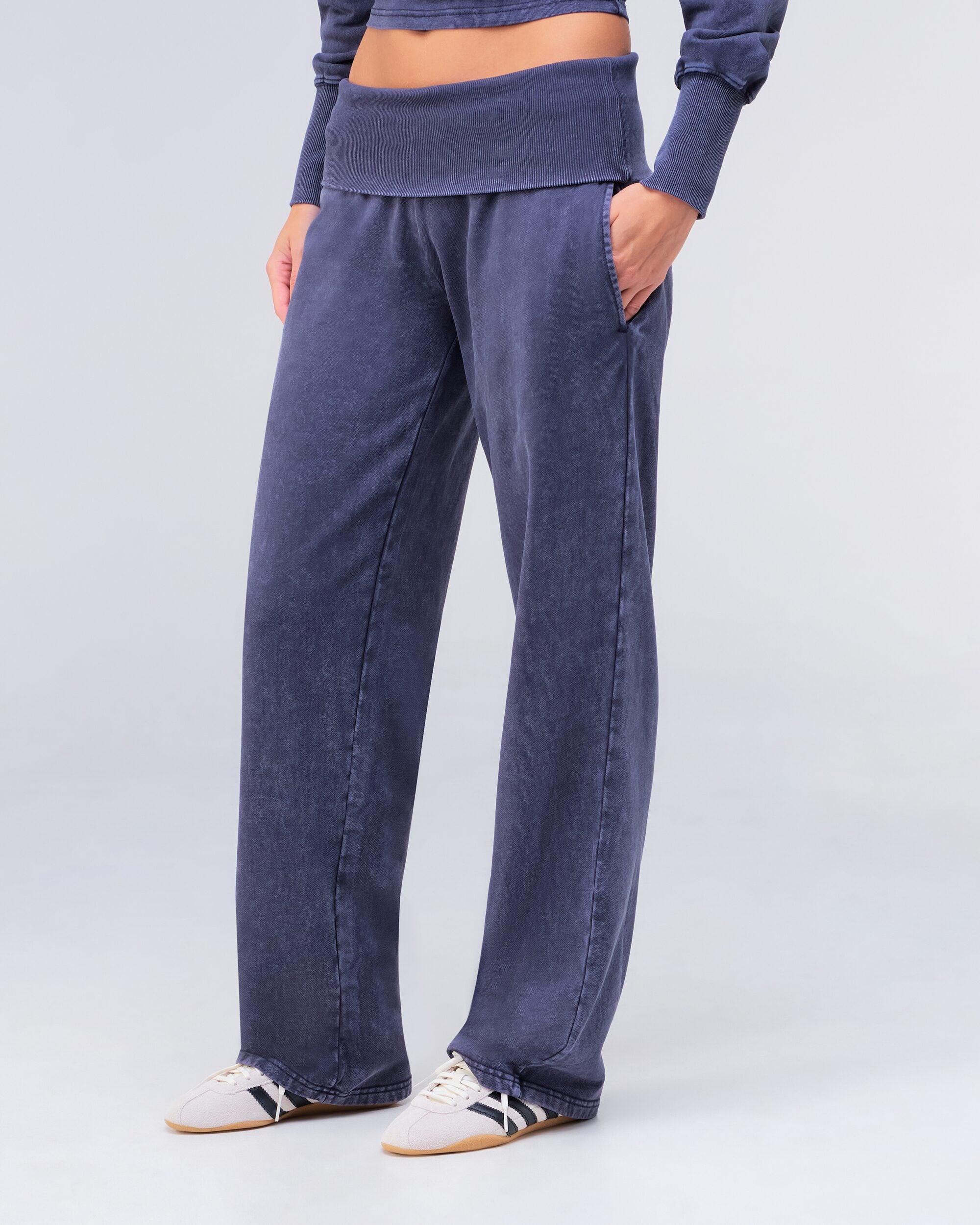 Willow Low-Rise Loose Fit Pants with Fold-over Waistband in Vintage Navy - side