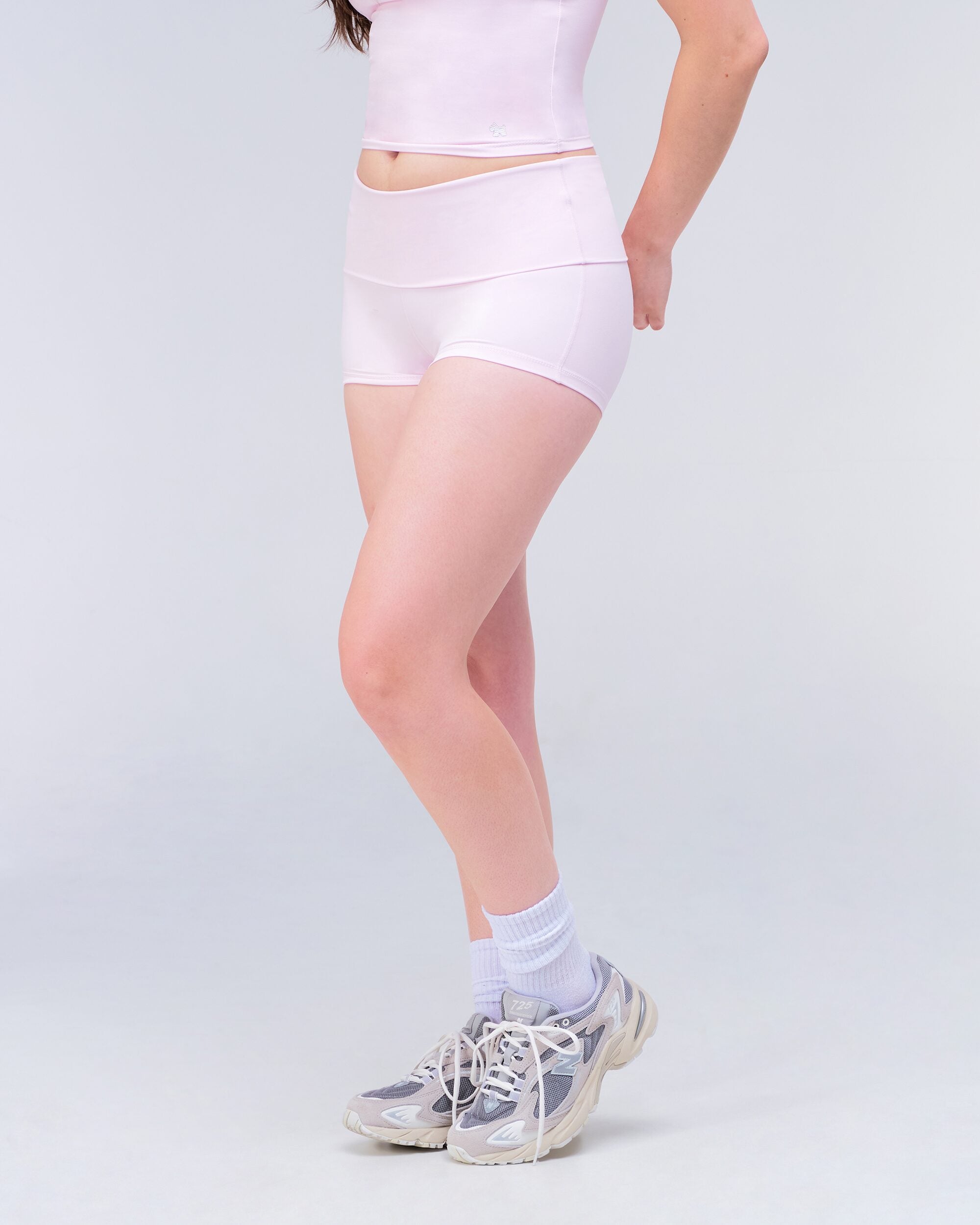 Xia Fitted Shorts with Fold-over Waistband in Baby Pink - side