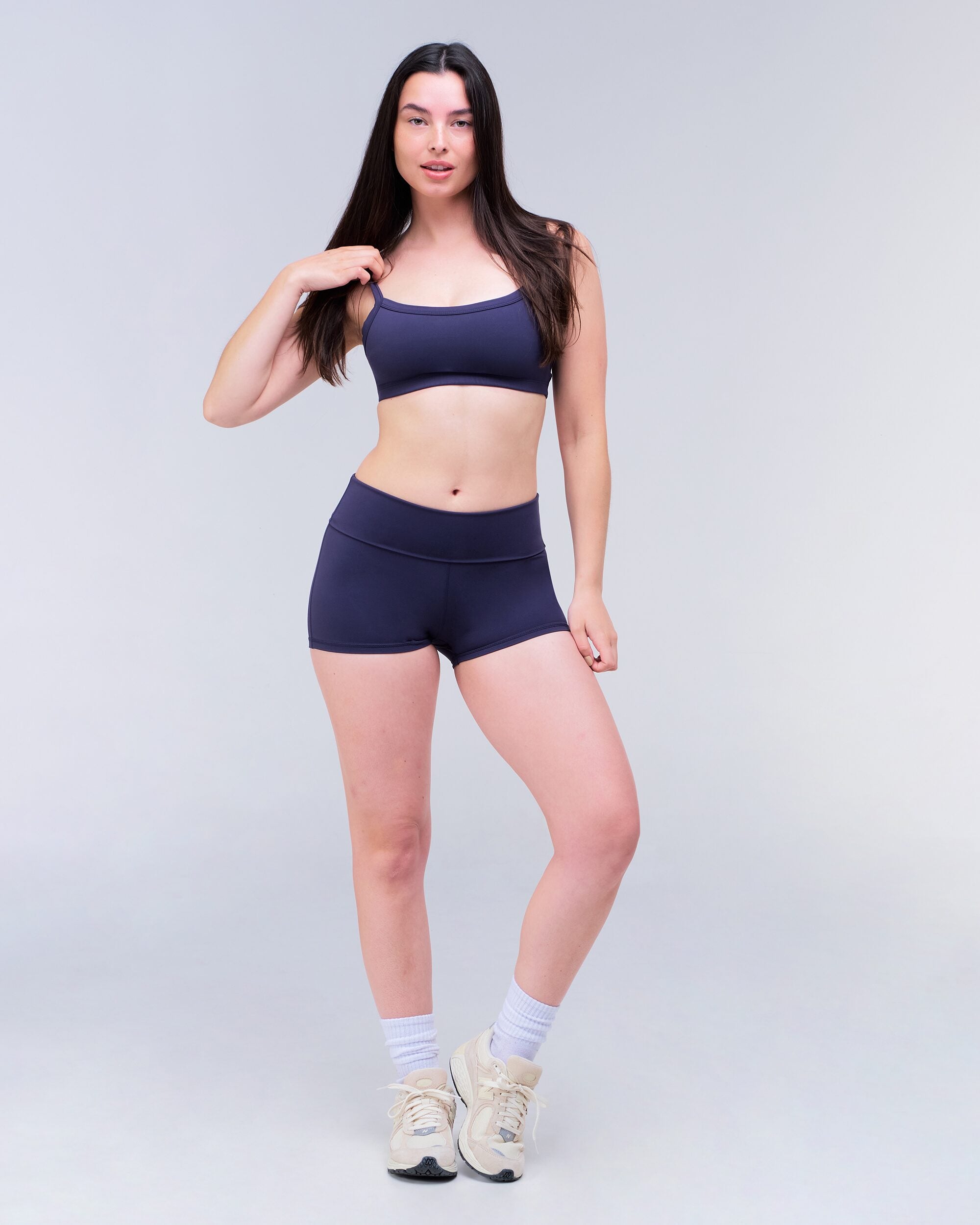 Xia Fitted Shorts with Fold-over Waistband in Navy - full look